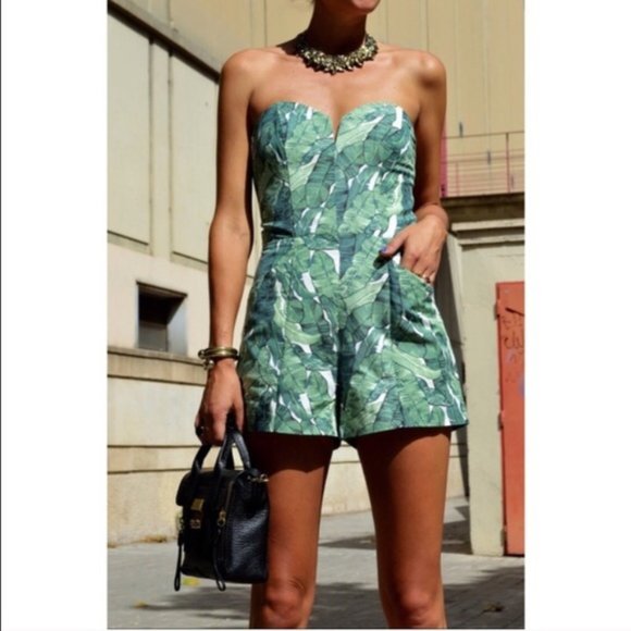 COPY - Strapless palm leaf jumpsuit (White/Green) - Picture 3 of 4